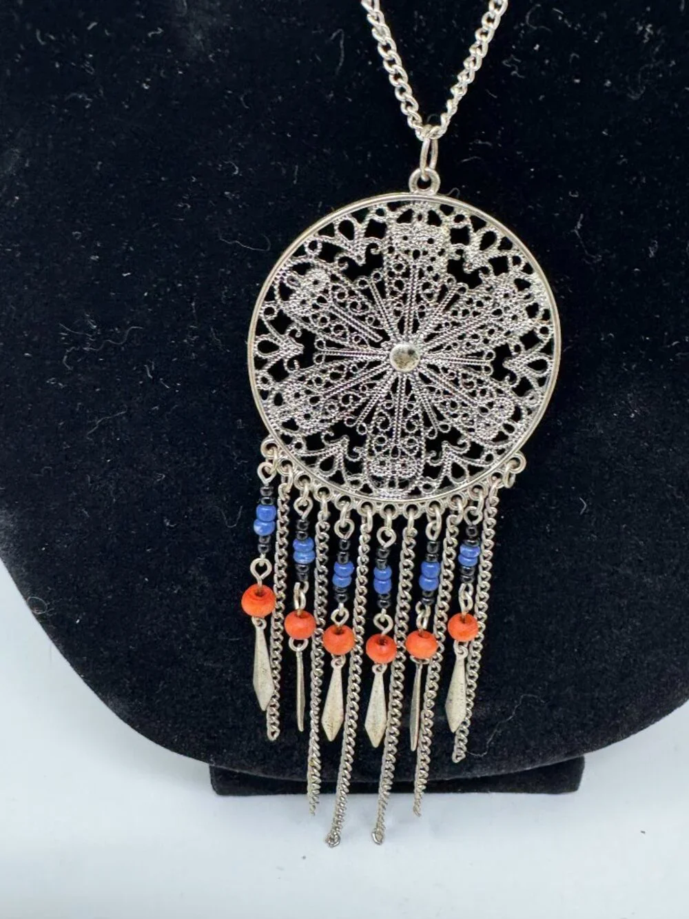 Silver Tone Filigree Medallion Fringe Necklace Blue Orange Beads Boho Tribal